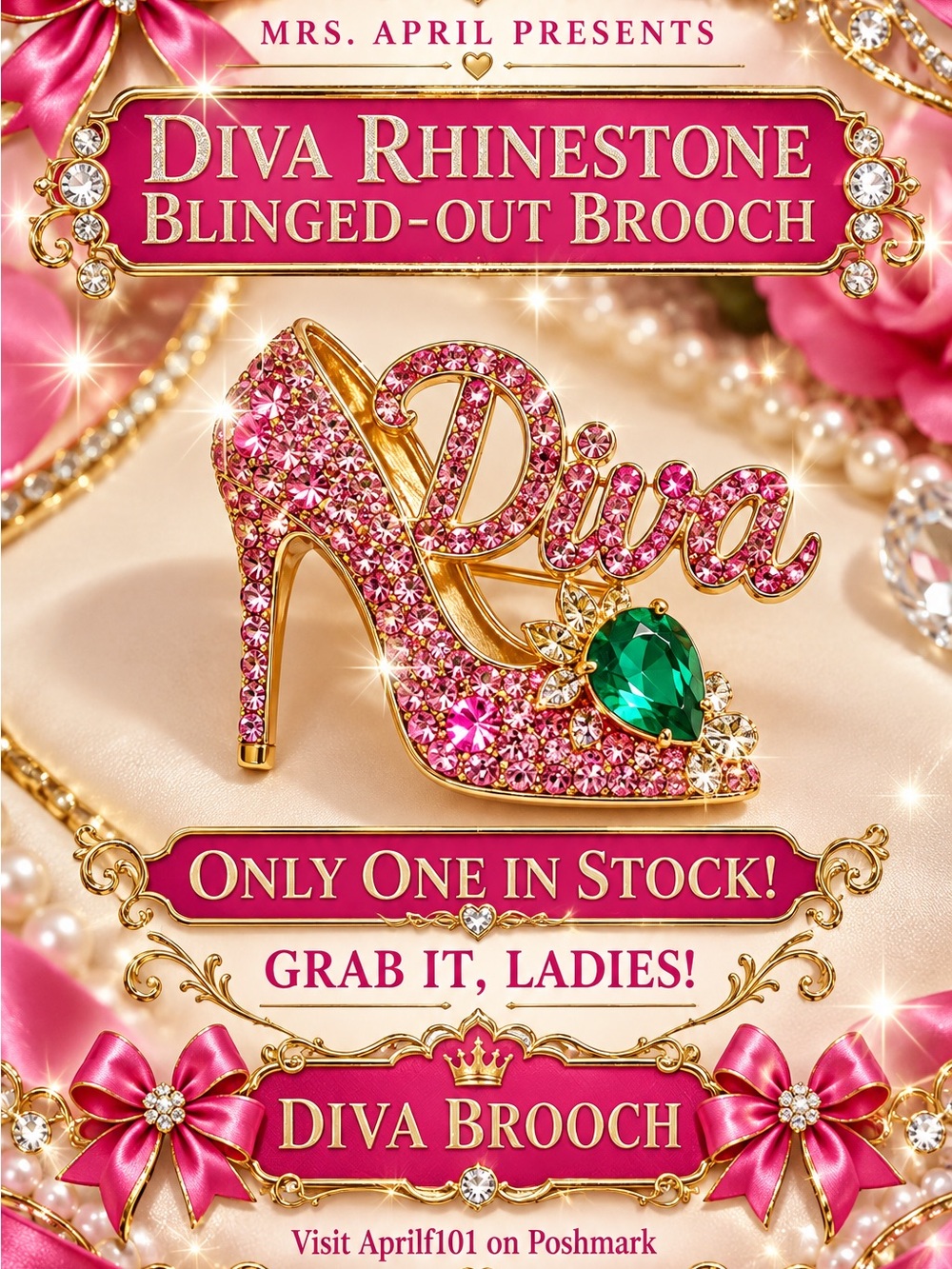 Diva Rhinestone Blinged-Out Brooch - Pink & Gold with Emerald Accent